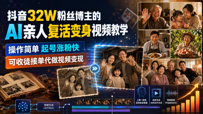 抖音32W粉丝博主的AI亲人复活变身视频教学,操作简单,起号涨粉快,可收徒接单代做视频变现网创吧-网创项目资源站-副业项目-创业项目-搞钱项目网创吧