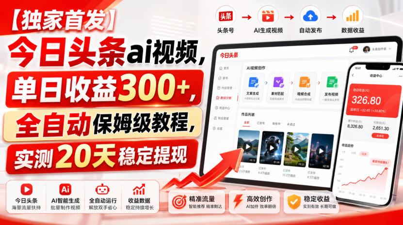 【独家首发】今日头条ai视频，单日收益300+，全自动保姆级教程，实测20天稳定提现【揭秘】网创吧-网创项目资源站-副业项目-创业项目-搞钱项目网创吧