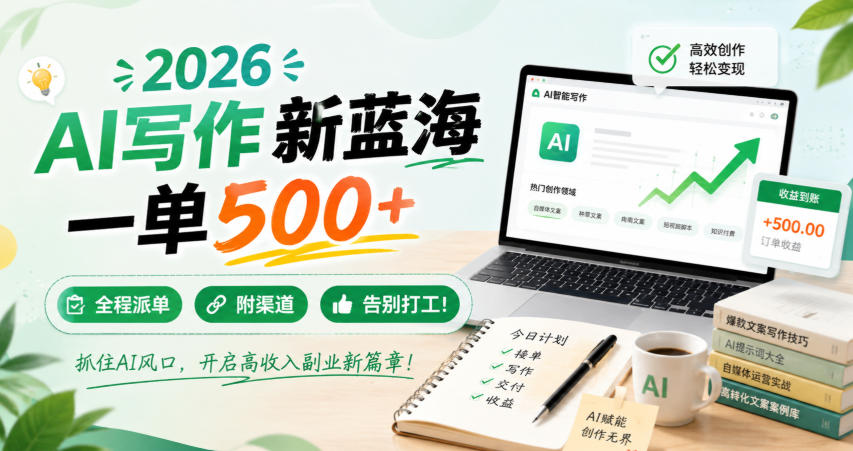 2026 AI写作新蓝海,一单500+,全程派单,附渠道,告别打工!【揭秘】网创吧-网创项目资源站-副业项目-创业项目-搞钱项目网创吧
