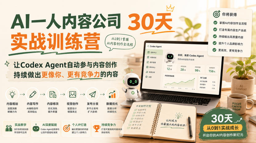 AI一人内容公司30天实战训练营,让Codex Agent自动参与内容创作持续做出更像你、更有竞争力的内容网创吧-网创项目资源站-副业项目-创业项目-搞钱项目网创吧