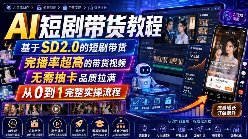 AI短剧带货教程,基于SD2.0的短剧带货,完播率超高的带货视频,无需抽卡品质拉满,从0到1完整实操流程网创吧-网创项目资源站-副业项目-创业项目-搞钱项目网创吧