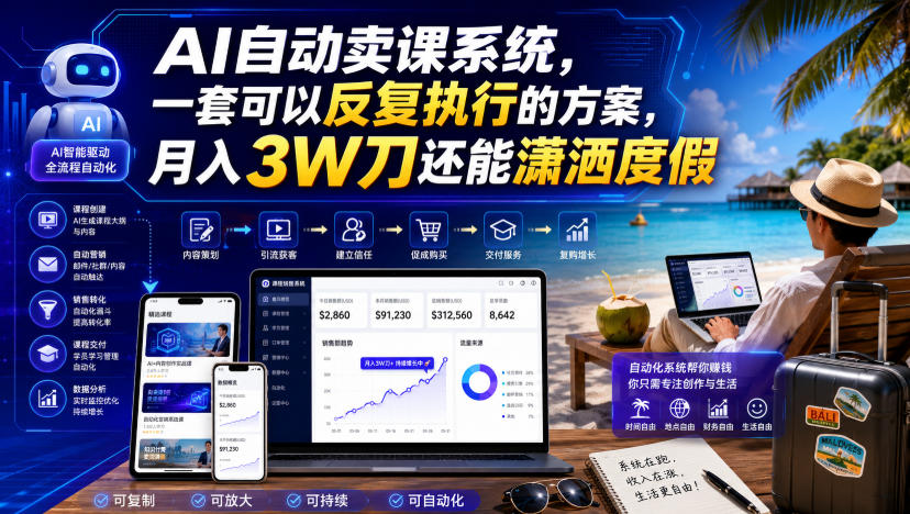 AI自动卖课系统,一套可以反复执行的方案,月入3W刀还能潇洒度假【原创双语字幕】网创吧-网创项目资源站-副业项目-创业项目-搞钱项目网创吧