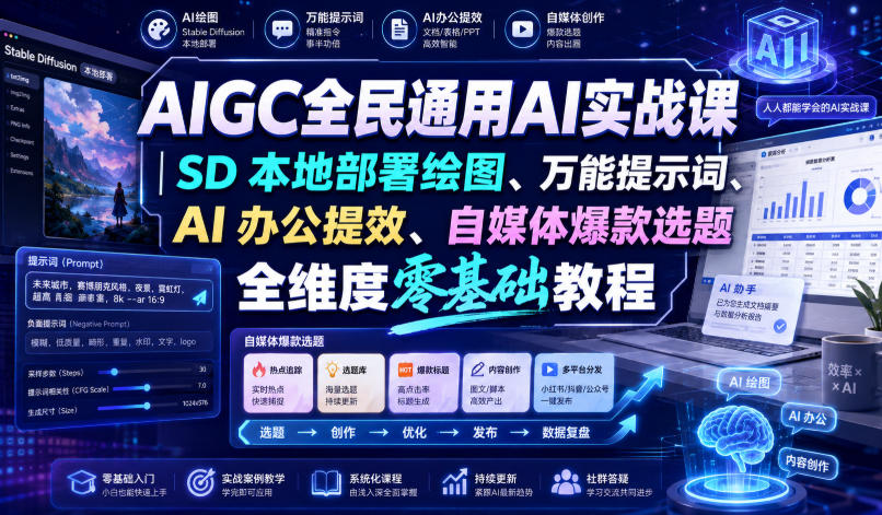 AIGC全民通用AI实战课|SD本地部署绘图、万能提示词、AI办公提效、自媒体爆款选题全维度零基础教程网创吧-网创项目资源站-副业项目-创业项目-搞钱项目网创吧