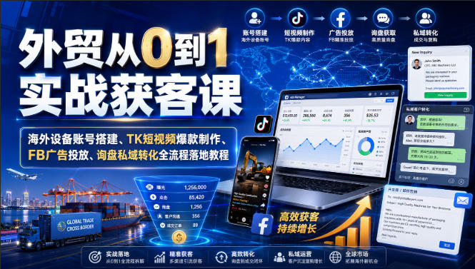 外贸从0到1实战获客课|海外设备账号搭建、TK短视频爆款制作、FB广告投放、询盘私域转化全流程落地教程网创吧-网创项目资源站-副业项目-创业项目-搞钱项目网创吧
